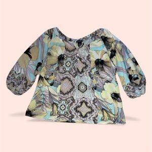 New Directions Floral and Geometric Patterned Puff Sleeve Blouse